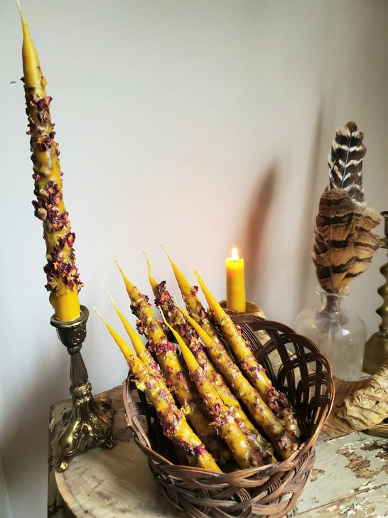 Hand Dipped Beeswax Taper Candle with Rose Petals