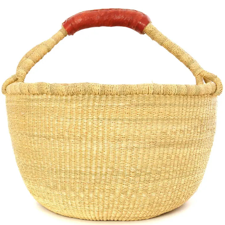 Basic Bolga Farmer's Market Shopper Basket with Brown Leather Handles